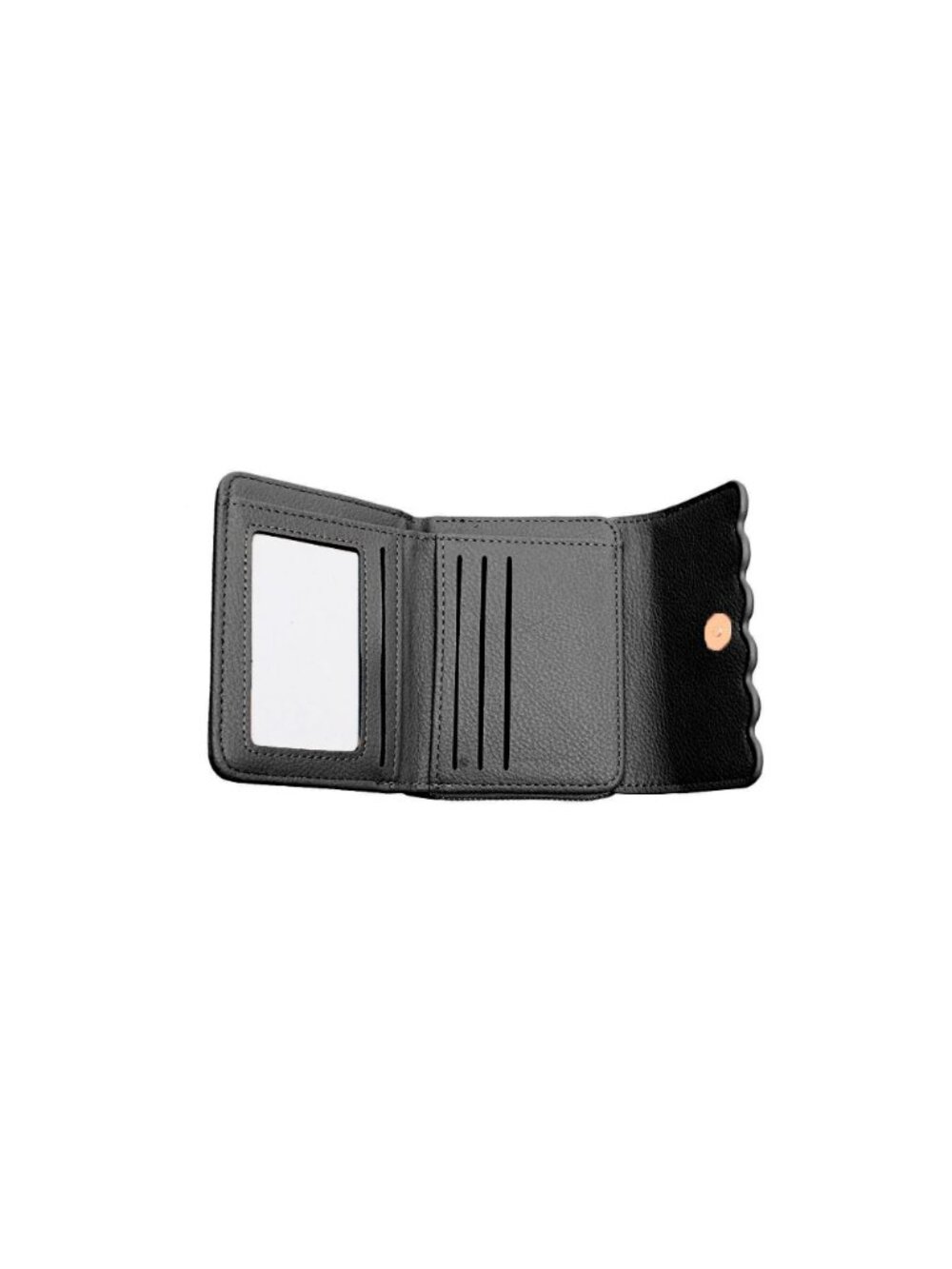 Black Scalloped Edge Compact Vegan Faux Leather Wallet With Zipper & Snap Closur - Picture 4 of 6